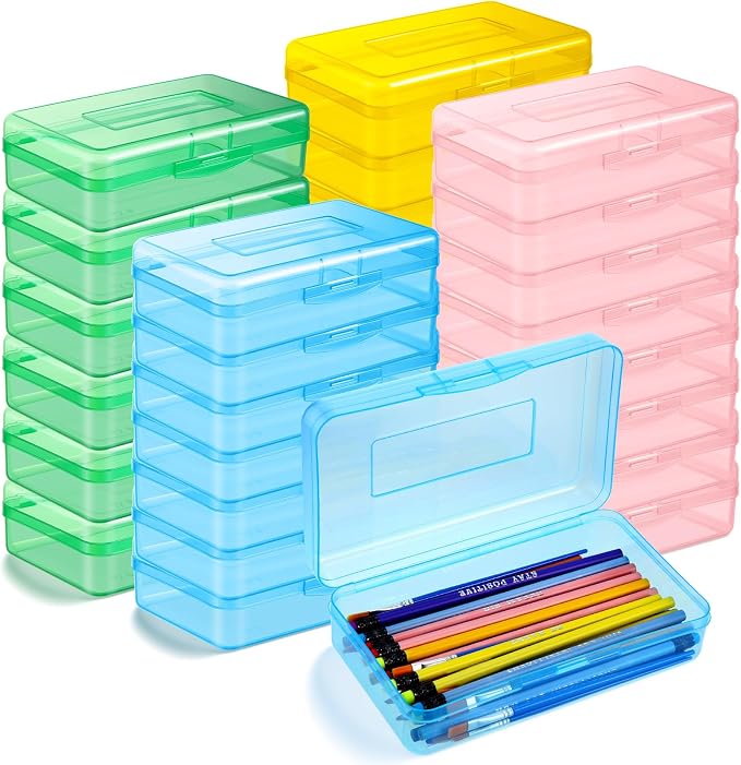 Patelai 24 Pack Pencil Box for Kids 8.3x4.7x2.4 Plastic Clear Pencil Case Bulk Crayon Boxes with Snap Tight Lids for Classroom School Students (Colorful) by Patelai
