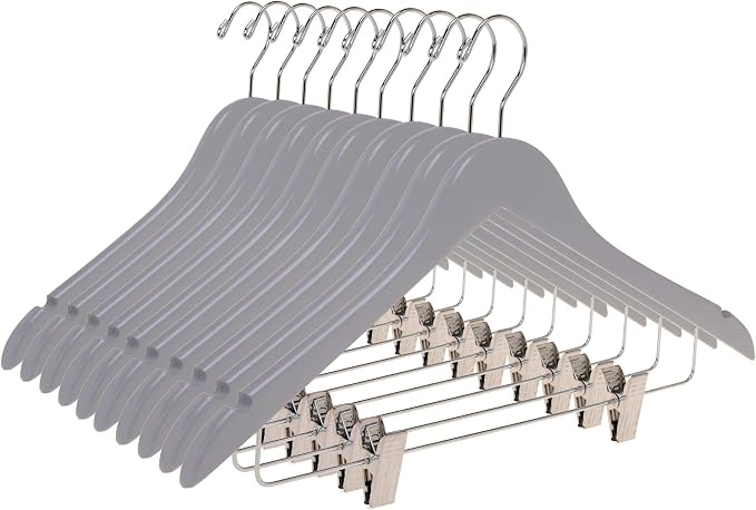 Quality Wooden Semi Curved Skirt Hangers with Clips, 10-Pack Smooth Solid Wood Pants Hangers with Durable Adjustable Metal Clips, Swivel Hook, Coat, Jacket, Blouse Suit Hangers (Gray, 10) by QualityHangers