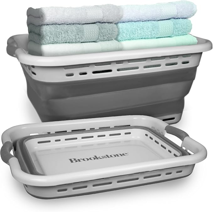 BROOKSTONE 11 GALLON XL 24" Collapsible Laundry Basket & Clothes Hamper, Comfort Non-Slip Handles, Modern Laundry Hamper with Space Saving Design, Portable Pop-Up Hamper, BPA FREE, Light Grey, 1 Pack by Unknown