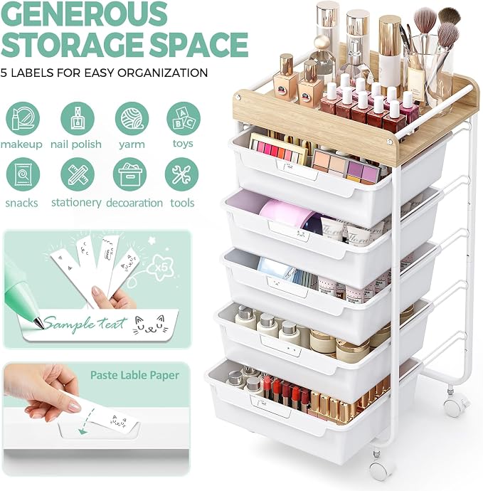 SYKIARIOL Rolling Cart with 5 Drawers,Art Craft Cart,White | Storage Utility Cart with Wheels,Makeup Organizer With Wooden Tabletop - Image 4
