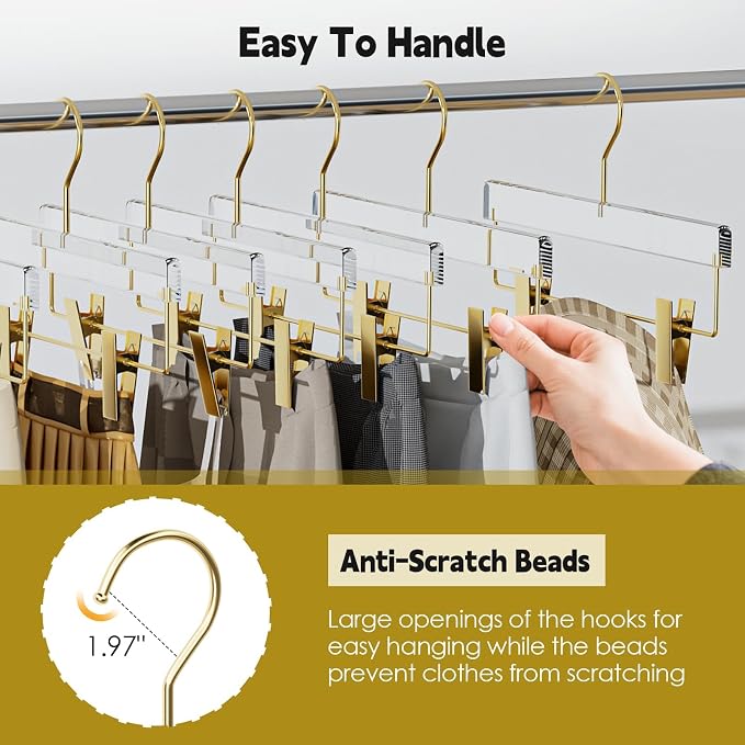 Clear Gold Acrylic Pants Hangers 10 Pack with Adjustable Clips | Non-Slip & Heavy Duty Hangers for Pants, Skirts, Jeans, Trousers, Scarves, Adults & Kids, Clothing Closet Storage - Image 5