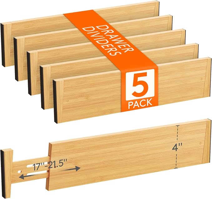 Lifewit 4" High Dresser Drawer Dividers, Adjustable Bamboo Drawer Organizer | 5 Pack 17"-21.5" Expandable Drawer Separator for Clothes, Utensils, Kitchen, Cabinet, Closet, Nursery Organization & Storage by Lifewit