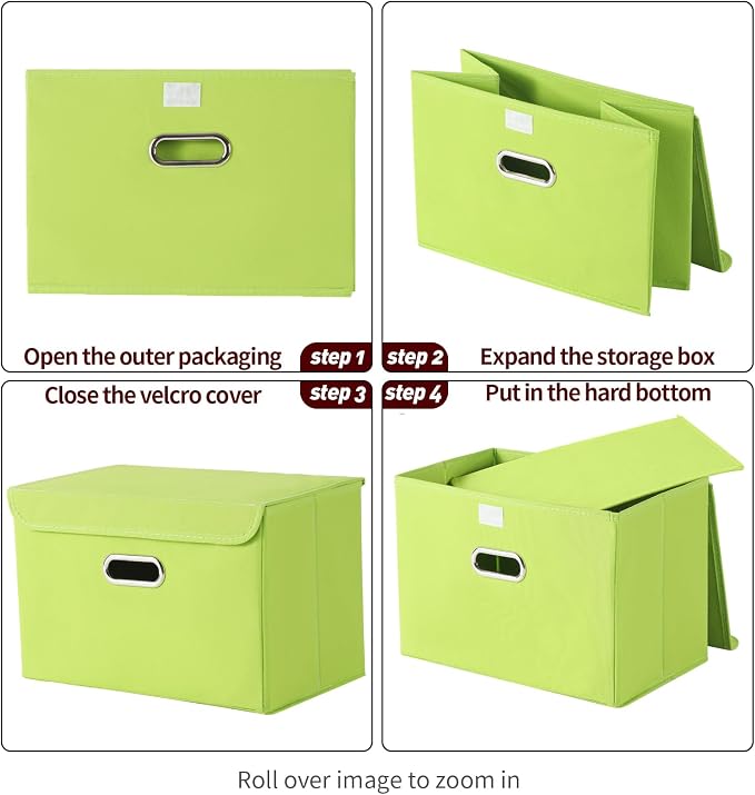 STOREONE Fabric Storage Cube Bins Foldable Organizer Container Collapsible Basket with Lids and Metal Handles, for Home, Bedroom, Closet 3 Pcs (multicolour-green) - Image 6