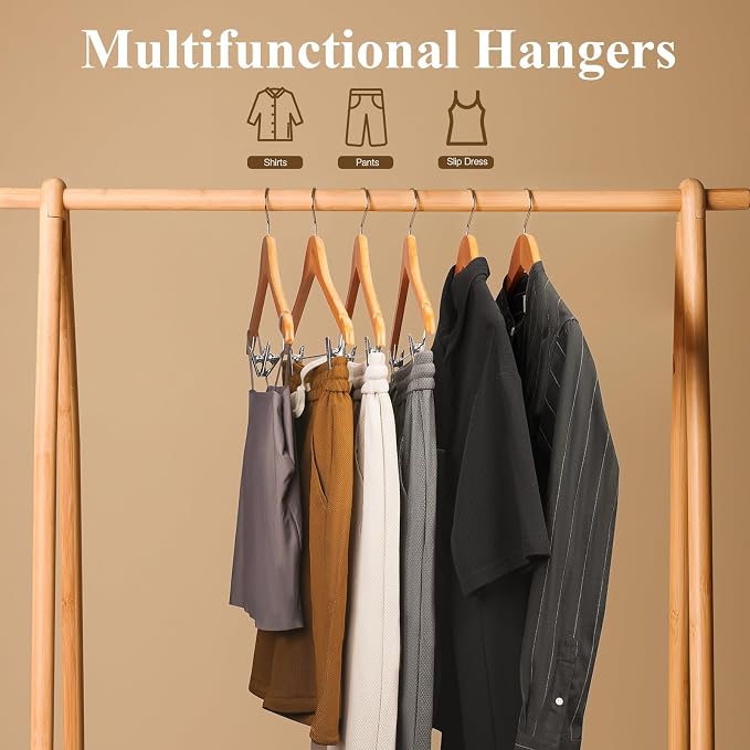 Wooden Hangers with Clips 12 Pack Wooden Pants Hangers,Skirt Hangers with Adjustable Clips,Hangers for Pants,Jeans,Slacks,Shorts（Natural） - Image 6