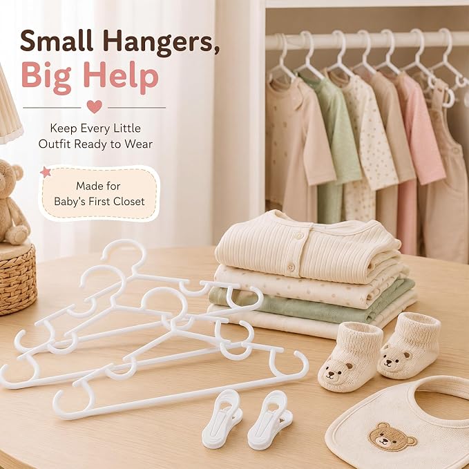 Hsei Baby Hanger with Clip for Pant,120 Packs Total,White,10.6 Inch | 40 Kids Plastic Hanger with 80 Clips for Newborn, Nursery, Daycare, Preschool, Closet, Wardrobe Organizer for Baby Shower - Image 7