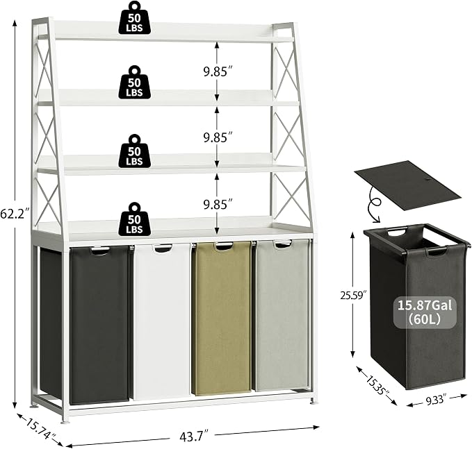 Herture Laundry Basket, 4 Section Laundry Hamper with 4 Tiers Shelf, Pull-Out and Removable Laundry Bags, Large 4 x 15.87 Gallons, for Laundry Room Bathroom White PF12XLE - Image 3