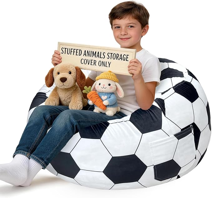 Lukeight Soccer Stuffed Animal Storage Bean Bag Chair Cover for Kids, Velvet Plush Toy Organizer Seat, Cover Only, No Filling Included, Long YKK Zipper, Side Pocket, X-Large 30"D x 18"H by Lukeight
