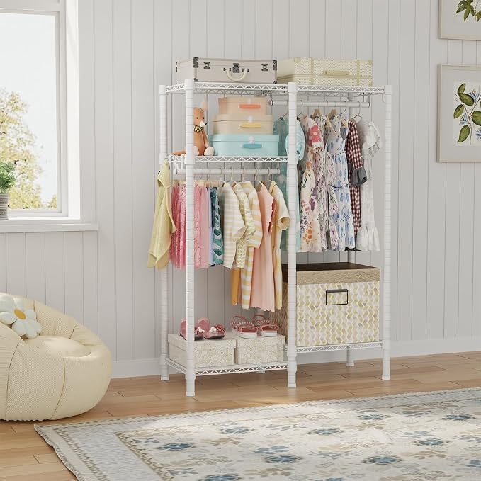 F1 Garment Rack for Kids, 4 Tiers Closet System Hold 410lbs, White | Clothing Rack for Baby and Children's Room, Small Freestanding Clothes Racks with 2 Hanger Rods, 31.2"W x 11.8"D x 48"H - Image 2