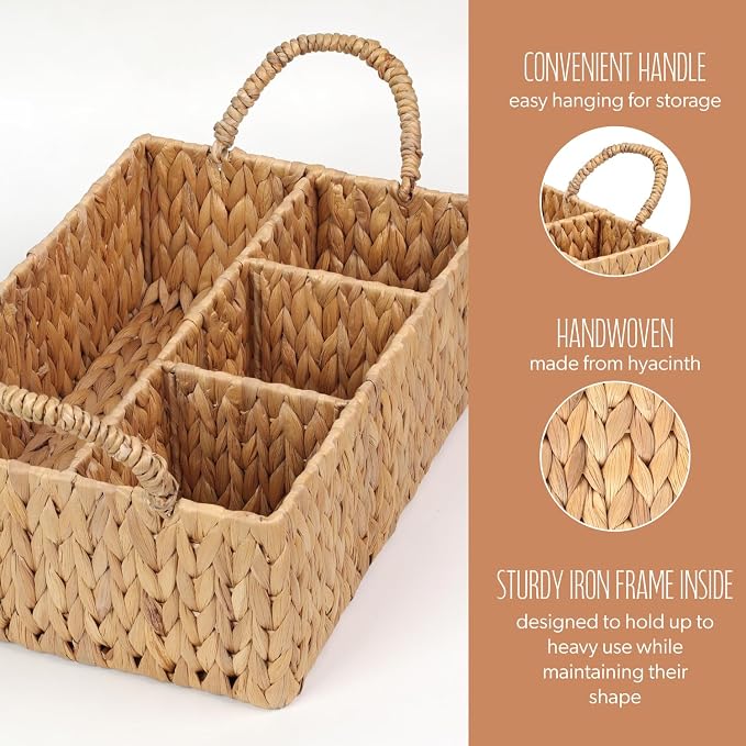 Divided Baskets with Handles, Storage Basket Natural for Organizing Bathroom Kitchen Shelves Office Supplies Organization, Wicker Storage Baskets 4 Section (1, Light Brown) - Image 3