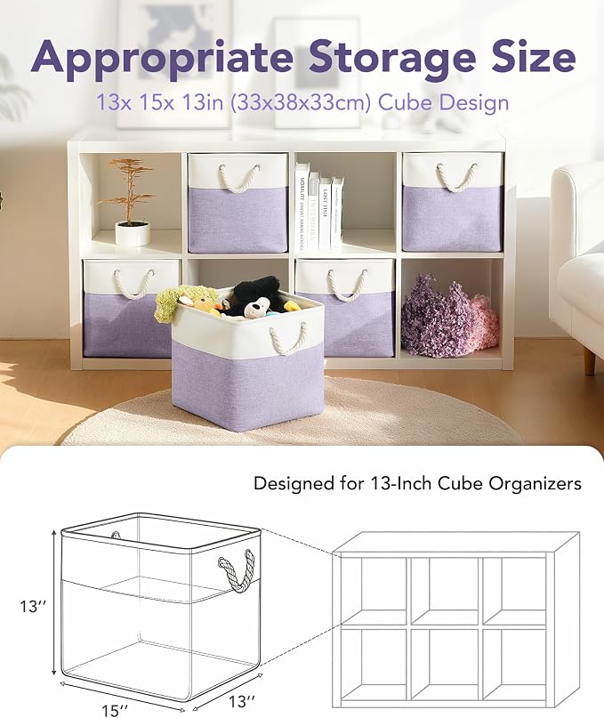 13x15x13 Inch Large Storage Bins with Cotton Rope Handles 6-Pack | Foldable, Top support of metal frame, Bottom with Cardboard Support, Fabric Cube Storage Bins for Closet, White Purple - Image 2