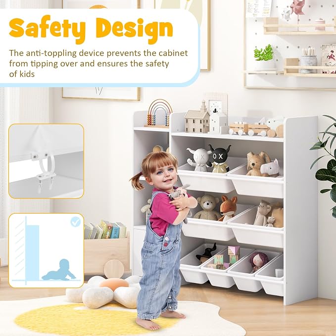 Costzon Kids Toy Storage Organizer, 4-Tier Bookshelf Storage Cabinet w/8 Removable Bins, Preschool Children's Montessori Bookshelf w/Large Cabinet for Playroom, Daycare, Kids Room, Classroom - Image 6
