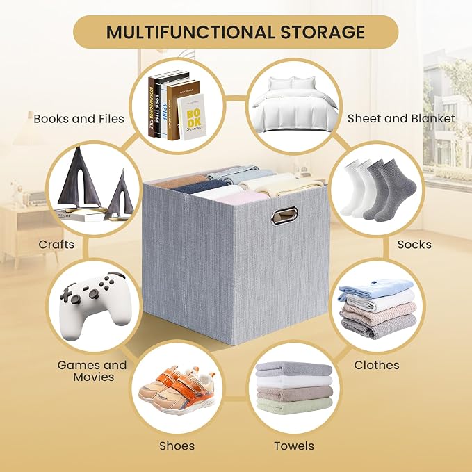 Posprica Storage Cubes, 12×12 Collapsible Storage Basket Bins,Heavy Duty Fabric Containers, 4pcs, Sliver Grey - Image 6