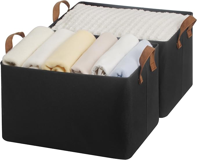 StorageWorks Closet Storage Bins, Black, Large, 2-Pack | With Reinforced PU Handles, Metal Frame, Collapsible, Storage Basket for Shelves, Closet, Holds Clothes, Towels, Blankets by StorageWorks