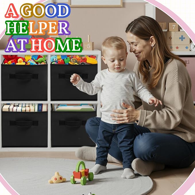 Yinder 4 Pcs Cube Storage Bin Black 14''x10''x8'' Storage Bins for Kids Classroom Decor Colorful Bins Foldable Baskets for Playroom Nursery Organizer Fabric Boxes - Image 5