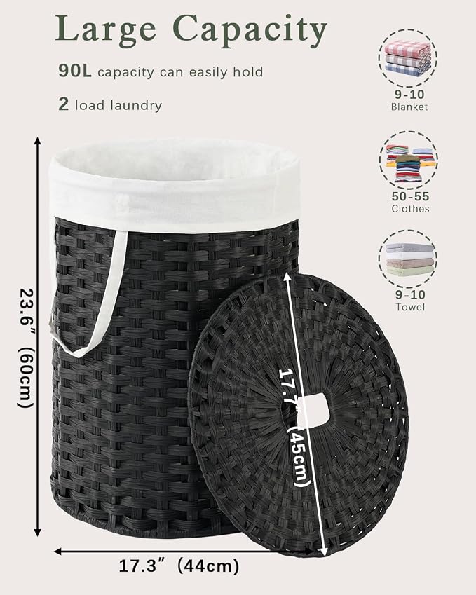 SETVSON Laundry Hamper with Lid 23.8 Gal Handwoven Laundry Basket Black | The lid hides dirty clothes, keeping spaces neat and fresh. 90 L Large Capacity, Stylish Design with Handles Easy Transport - Image 2