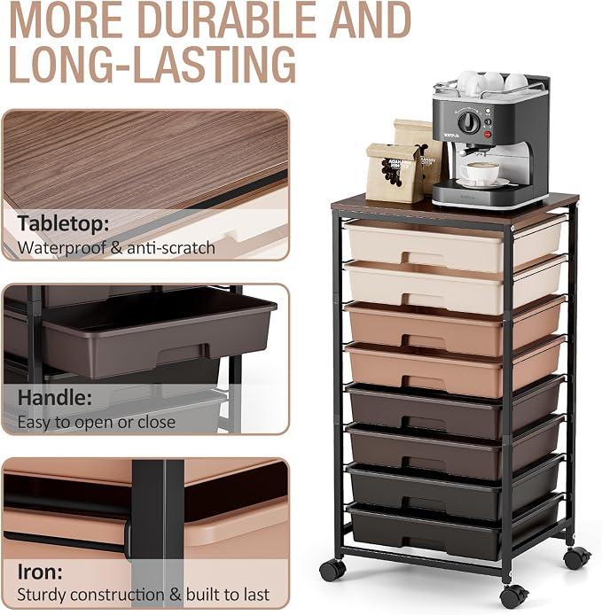 TOOLF Rolling Storage Cart with 8 Drawers,Brown | Utility Cart on Wheels with Wooden Tabletop,Teacher Organization for Classroom, Art Cart for Office,Bedroom,Craft Room - Image 5