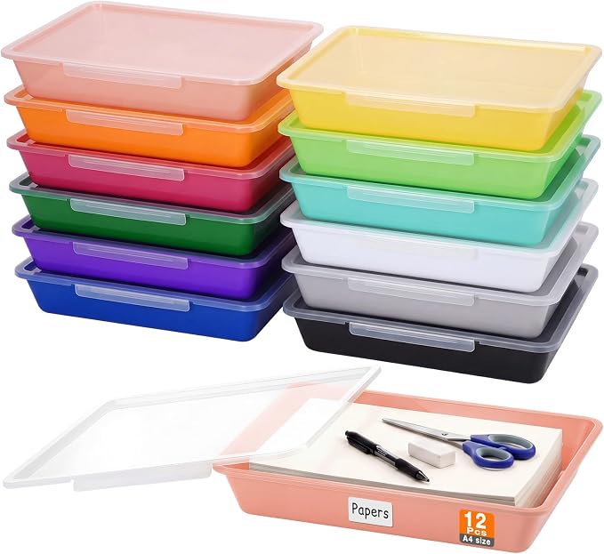 12 Pcs Classroom Paper Storage Bins with Clear Latching Lid, Label Stackable Letter Size Flat Tray Container for Teacher Back to School Supplies Home Office Desk Arts Crafts (Vibrant,13x10in) by Tinlade