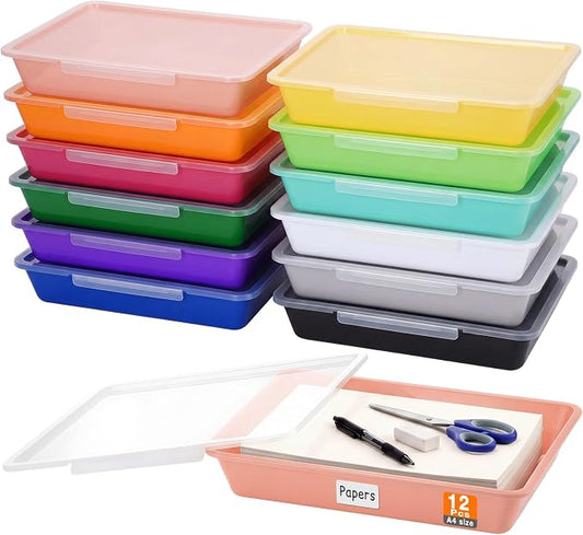 12 Pcs Classroom Paper Storage Bins with Clear Latching Lid, Label Stackable Letter Size Flat Tray Container for Teacher Back to School Supplies Home Office Desk Arts Crafts (Vibrant,13x10in) by Tinlade