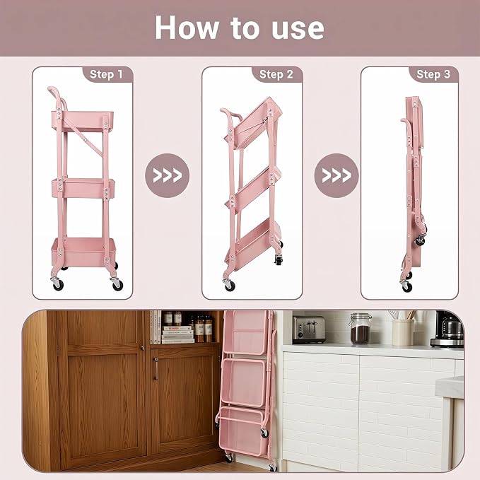 Amatic 3-Tier Folding Rolling Utility Cart with Wheels, Foldable Storage Cart Organizer with 3 Hanging Cups & 6 Hooks for Kitchen, Office, Living Room, Nursery(Pink) - Image 3