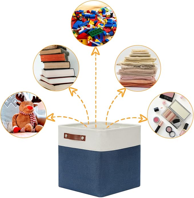 DULLEMELO Foldable Storage Cubes 12 x 12 Organizer Bins,Canvas Storage Bins Empty Gift Baskets for Organizing with SturdyLeather Handles, Closet Baskets for Nursery Storage(4 Pack - 12" White&Blue) - Image 5