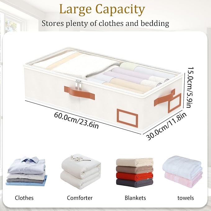 Yawinhe Pack of 2 Underbed Storage Bags, Foldable Clothes Storage with Clear Window, for Duvets, Clothes, 60 x 30 x 15 cm, Beige | Underbed storage bag with clear window, clothes storage with classification card slot, storage clothes - Image 4