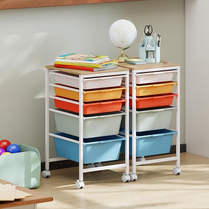 GOFLAME 5-Drawer Rolling Storage Cart, Craft Storage Cart with Wooden Tabletop and Lockable Wheels, Art Cart Supply Storage Organizer with Metal Frame for Home Office Classroom, Macaron Color - Image 8