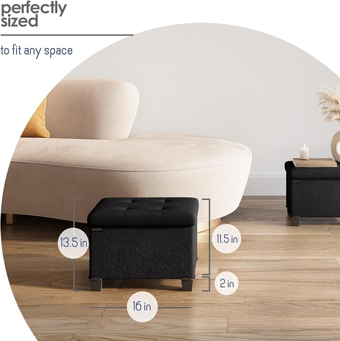 Storage Ottoman Cube with Small Bin, 16-in Square Ottoman with Storage for Living Room and Bedroom, Small Ottomans Foot Rest, Fabric Foot Stools Ottomans Max 330lbs, Black - Image 8