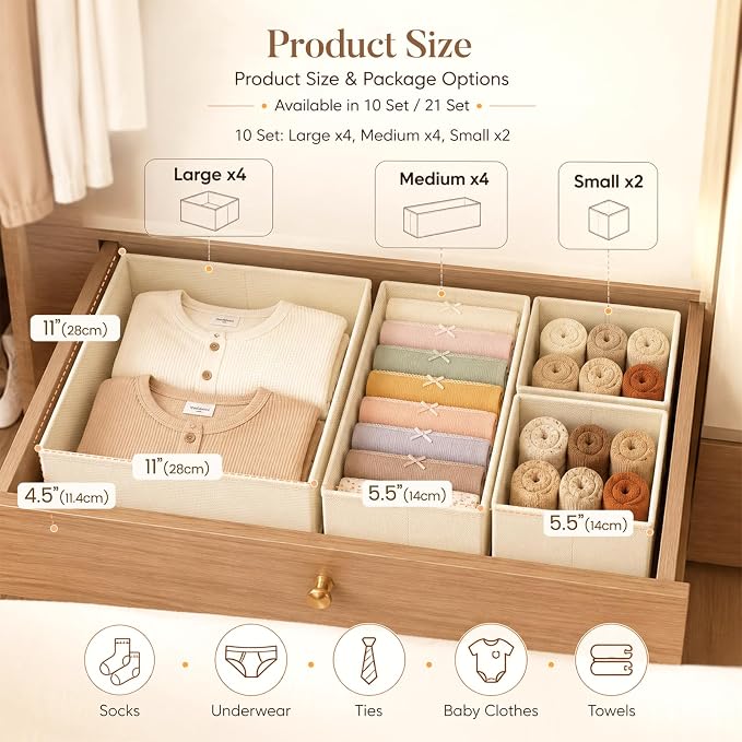 Drawer Organizer Clothes 10 Pack Washable Fabric Closet Storage Bins Flat Bottom Board Dresser Dividers for Bedroom Wardrobe Nursery Clothes Socks Underwear Bins, Beige - Image 2
