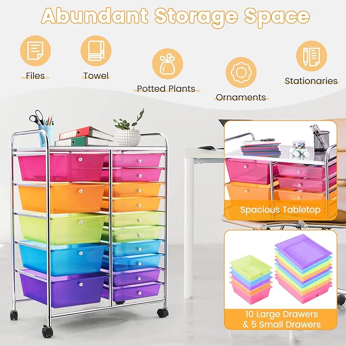 DREAMADE Rolling Cart with 15 Drawers, Utility Cart with Removable Storage Drawers, Lockable Wheels, Art Cart for Home Office Living Room Art Supplies Crafts (Rainbow, 25"L x 14.5"W x 34.5"H) - Image 3