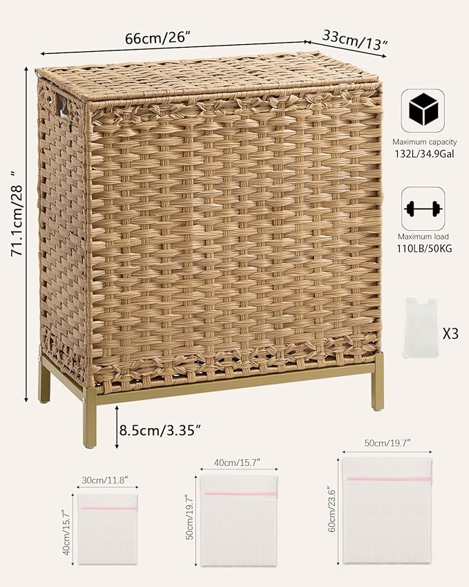SETVSON Laundry Hamper with Lid, 35 Gal 3-Bag Clothes Sorter, Natural | Large Family Laundry Trunk with Lid, 3 Compartment Sorting Liner, 6 Wash Bags, Elevated PE Rattan Bin with Handles - Image 5