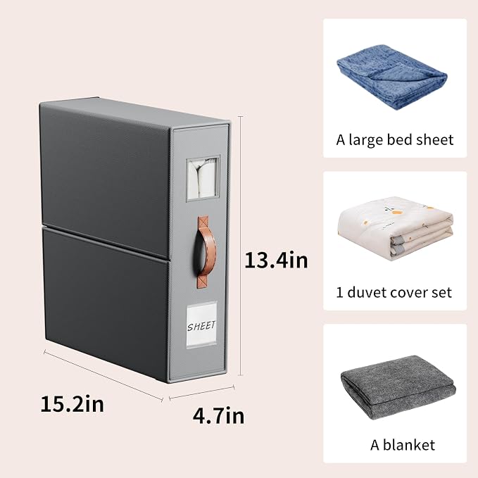 EE-RoomWorld 4 Pack Bed Sheet Storage Organizers，Premium Fabric Closet Organizer with Clear View Window, Space-Saving Foldable Design for Queen/King Size Bedsheets, Blankets & Duvet Covers - Image 3