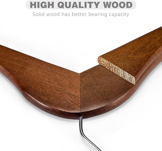 HOUSE DAY Bulk Wooden Hangers 50 Pack, 17.5" Smooth Wood Clothes Hangers | with Non-Slip Pants Bar, Shoulder Notches, 360° Swivel Hook for Suits, Coats, Shirts and Dresses, Walnut - Image 4