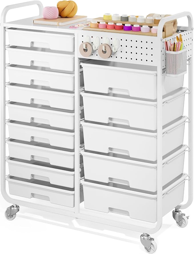 14 Drawer Rolling Storage Cart with Tabletop and Pegboard for Crafts White | Easy Setup, Large Capacity, Sturdy Build, Smooth Mobility, For classroom, office and dorm supplies by APEXCHASER