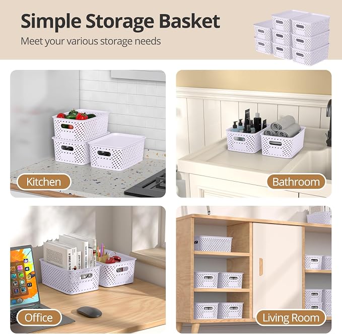 Plastic Storage Bins with Lid, Stackable Small Box Basket for Organizing and Containers for Shelves Drawers Desktop Closet Playroom Pantry Classroom Office Home, 8-pack 10.2"x7.2"x4.1" Lavender - Image 5