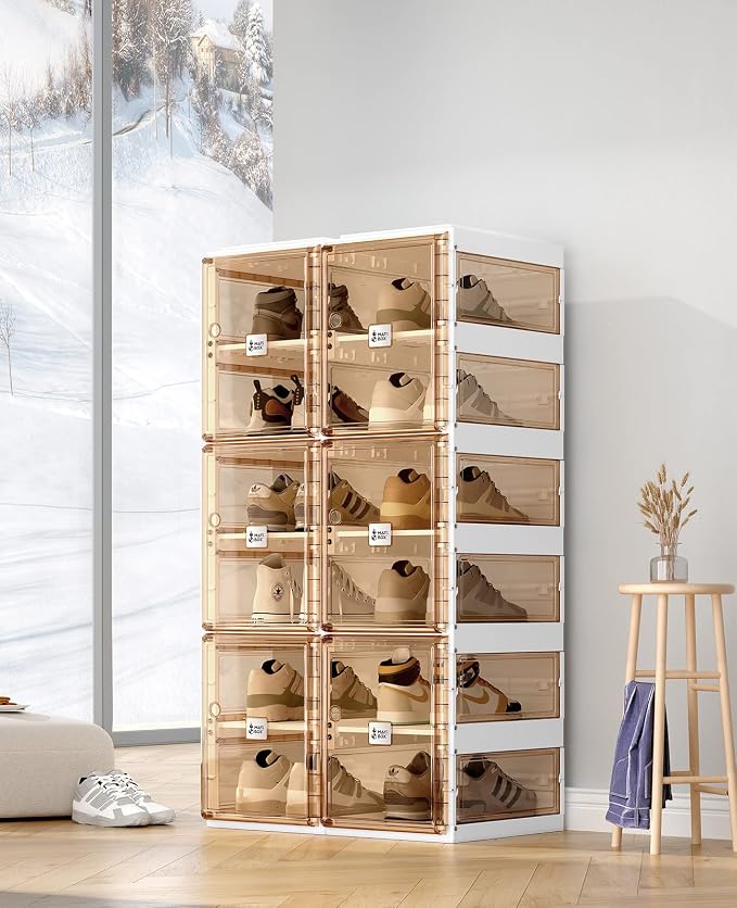 ANTBOX Foldable Shoe Rack,Shoe Organizers for Closet Plastic Shoe Storage Box For Entryway,Living Room,Large Sturdy Stackable Sneaker Cabinet Bins With Magnetic Clear Door 6 Tiers 12 Pairs - Image 5