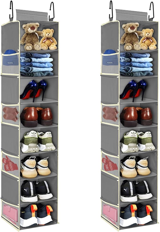 2 Pack Large-Sized Hanging Shoe Organizer 8-Shelf, Hanging Closet Organizer with 8 Side Pockets, Wider Hanging Shelves for Storage Shoes Clothes 9" W × 11.8" D× 48" H, Grey. by ROOMTALK