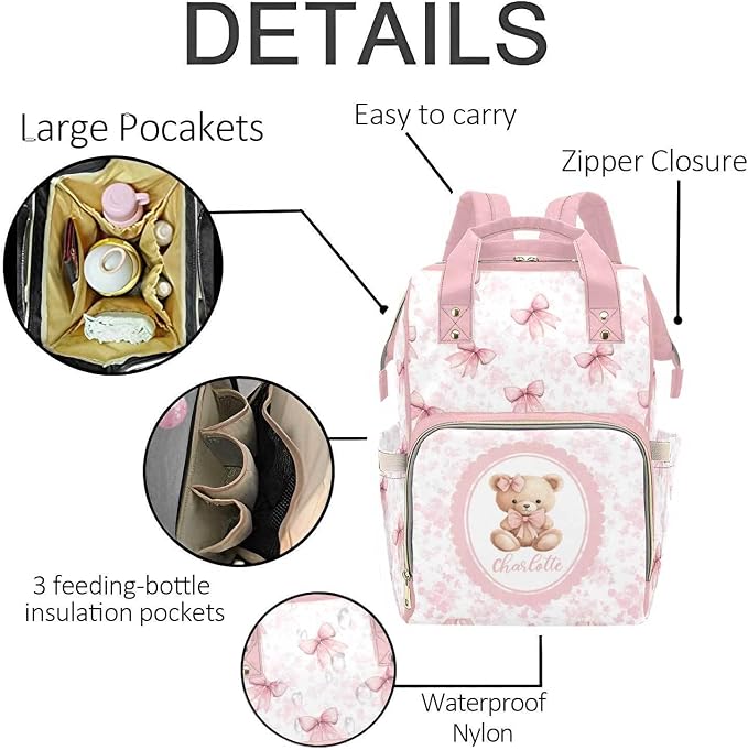 Personalized Bear and Pink Bow Diaper Bag Backpack with Custom Name – Waterproof Multi-Pocket Baby Nappy Bag for Moms and Dads – Large Capacity Travel Backpack & Shower Gift for Baby - Image 5