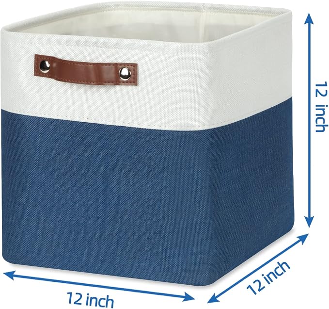 Temary Fabric Storage Cubes 4Pack Blue Fabric Storage Baskets 12 Inch Cube Storage Bins with Handles for Organizing Closet (White&Blue) - Image 2