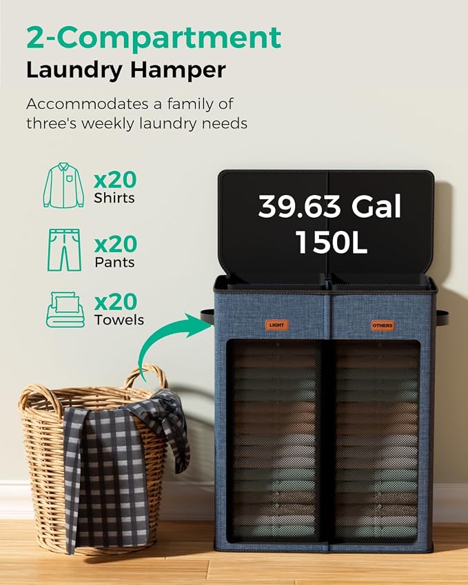 150L 2-Section Laundry Hamper with Lid – Removable Bag, Double Compartment Clothes Hamper for Bathroom, Bedroom, Dorm & Laundry Room - Image 5