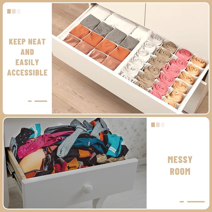 3 Pack Sock Underwear Drawer Organizer Dividers, 64 Cell Fabric Foldable Cabinet Closet Organizers and Storage Boxes for Storing Socks, Panties, Ties (16+24+24 Cell, White) - Image 3