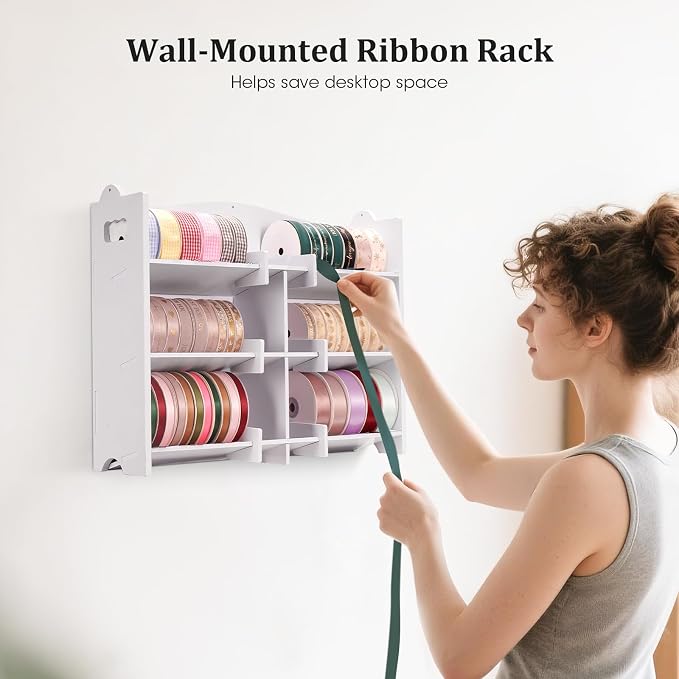 Krafetto Stackable Ribbon Organizer for Spools up to 4 Inches | Desktop and Wall-Mount Storage Keeps Small Ribbon Rolls Visible and Organized - Image 4