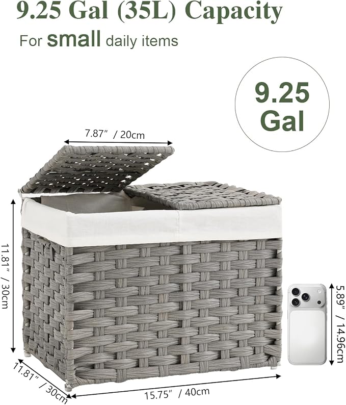 SETVSON Storage Basket with Lid, 9.2 Gal PE Rattan Trunk, Gray | Decorative PE Rattan Furniture Look for Bedroom, 2 Separate Lids, 2 Liners with Divider for Apparel & Essentials - Image 2