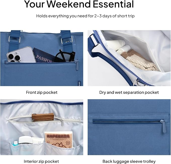 Travel Duffle Bag for Women, 40L Weekender Bags Airline Approved Carry On with Shoe Compartment & Waterproof Wet Pocket, Durable Nylon Weekender Overnight Bag for Travel, Gym, Business Trip, Blue - Image 5