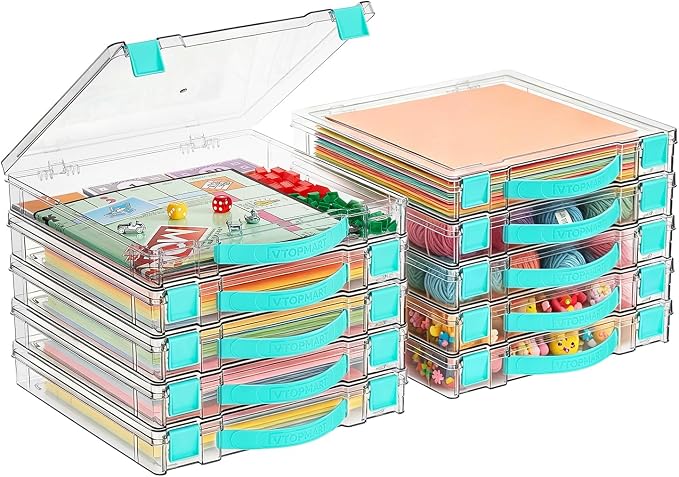 Vtopmart 10 Pack Board Game Storage with Handle and Snap-Tight Latch Lid | Clear Craft Organizer Fit 12" x 12" Papers, Stackable Storage Box for Scrapbook Storage, Art Supply Storage, Puzzle Storage by Vtopmart