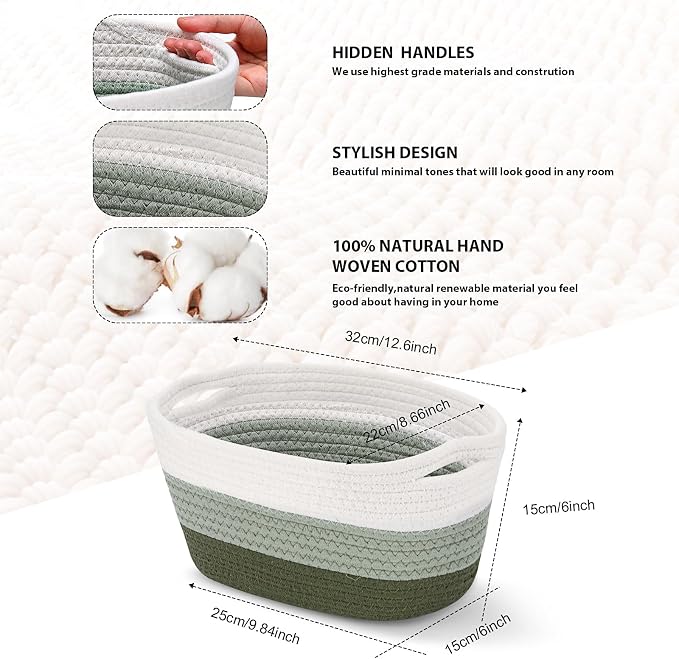 Sawysine 6 Pcs Storage Baskets Bulk for Organizing Cotton Rope Woven Basket with Handles for Gift Cloth Shelves Blanket Toys Living Room(Green and White) - Image 2