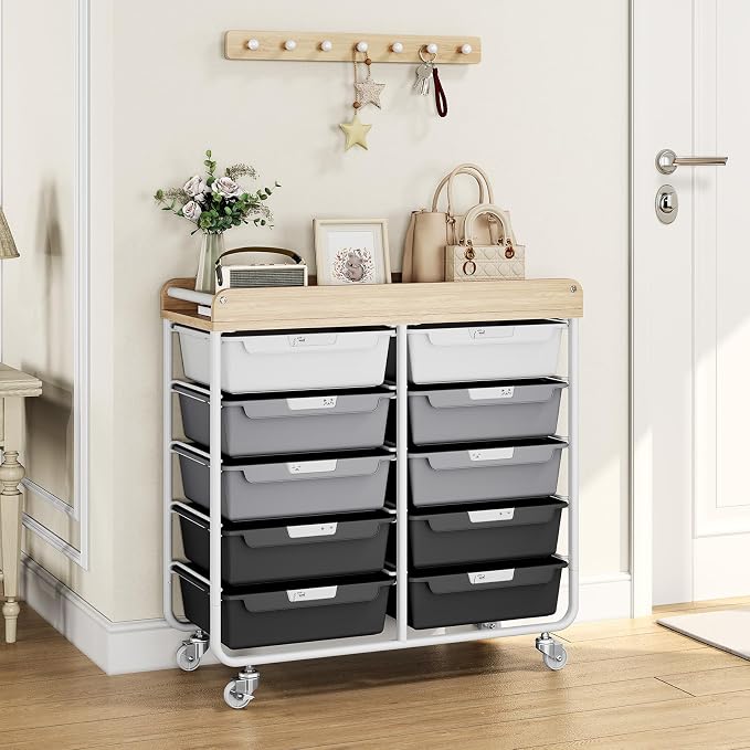 10 Drawer Rolling Storage Cart with Wood Top for Classroom Crafts Grey | Easy Setup, Large Capacity, Sturdy Build, Lockable Mobility, For office, classroom and home supplies - Image 8