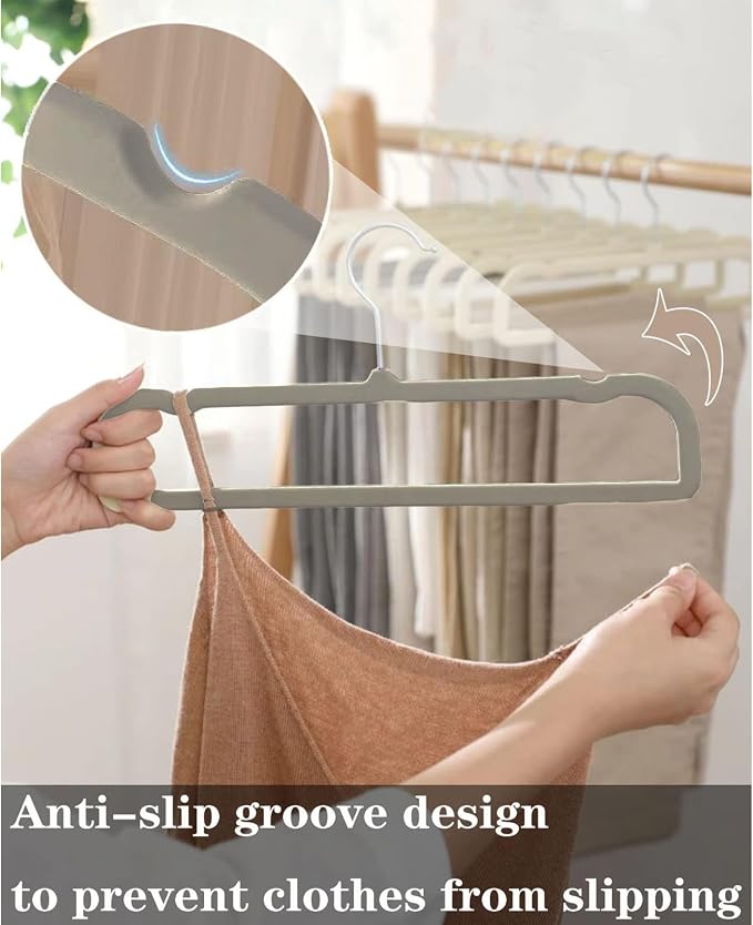 Velvet Pants Hangers with Non Slip Bar, 20 Pack Felt Slack/Trouser Hangers for Closet, Slim Space Saving Closet Perchas Terciopelo 360° Swivel Hook for Tank Top, Bra, Shorts, Jeans, Towel (Grey) - Image 7