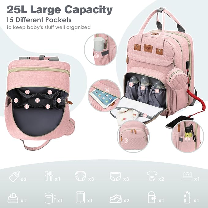 JSTPRO Large Diaper Bag Backpack with Changing Station, Pink | 25L Lightweight 900D Waterproof Nylon, Insulated Pockets & USB Port, Baby Shower Gifts for New Moms and Dads - Image 2