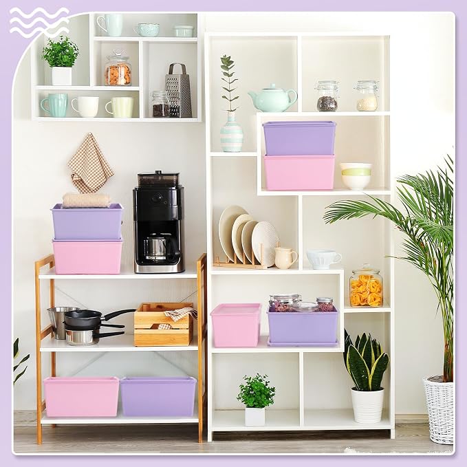 6 Pcs Small Plastic Storage Bins with Lids,Pink, Purple - Image 6