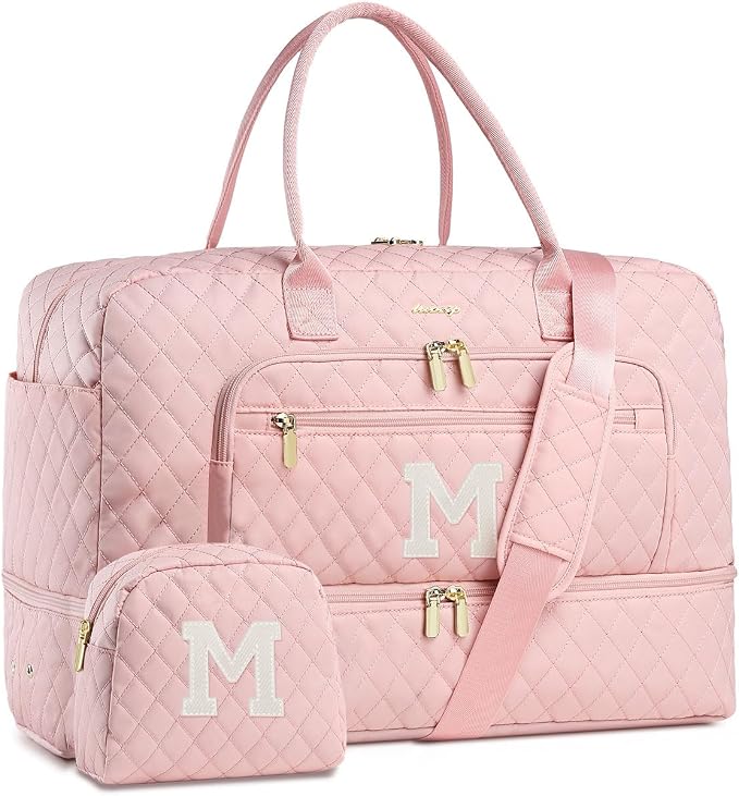 Initial Travel Duffle Bag for Women - Pink Personalized Weekender bags Overnight Bag with Shoe Compartment & Wet Pocket Weekend Tote Bags with Toiletry Bag Monogram Xmas Gifts (Letter M) by LUOCIP